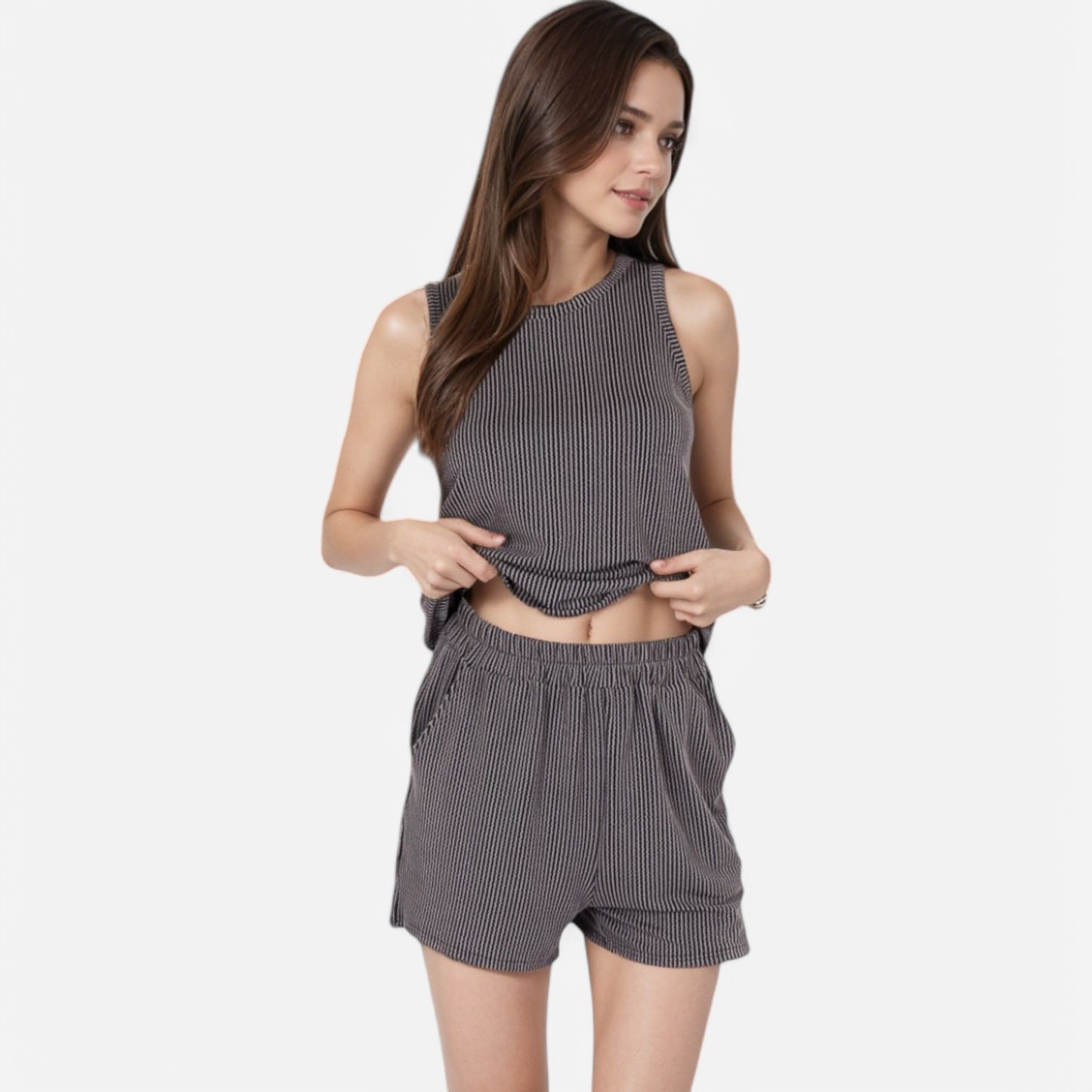 Women's Sleeveless Ribbed Lounge Set with Elastic Waist Shorts and Relaxed Fit