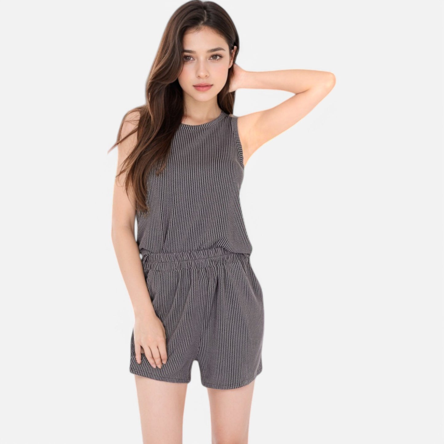 Women's Sleeveless Ribbed Lounge Set with Elastic Waist Shorts and Relaxed Fit