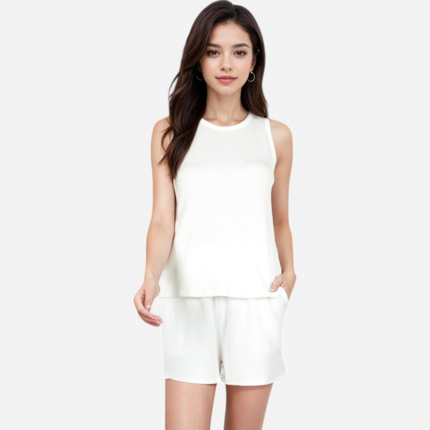 Women's Sleeveless Ribbed Lounge Set with Elastic Waist Shorts and Relaxed Fit