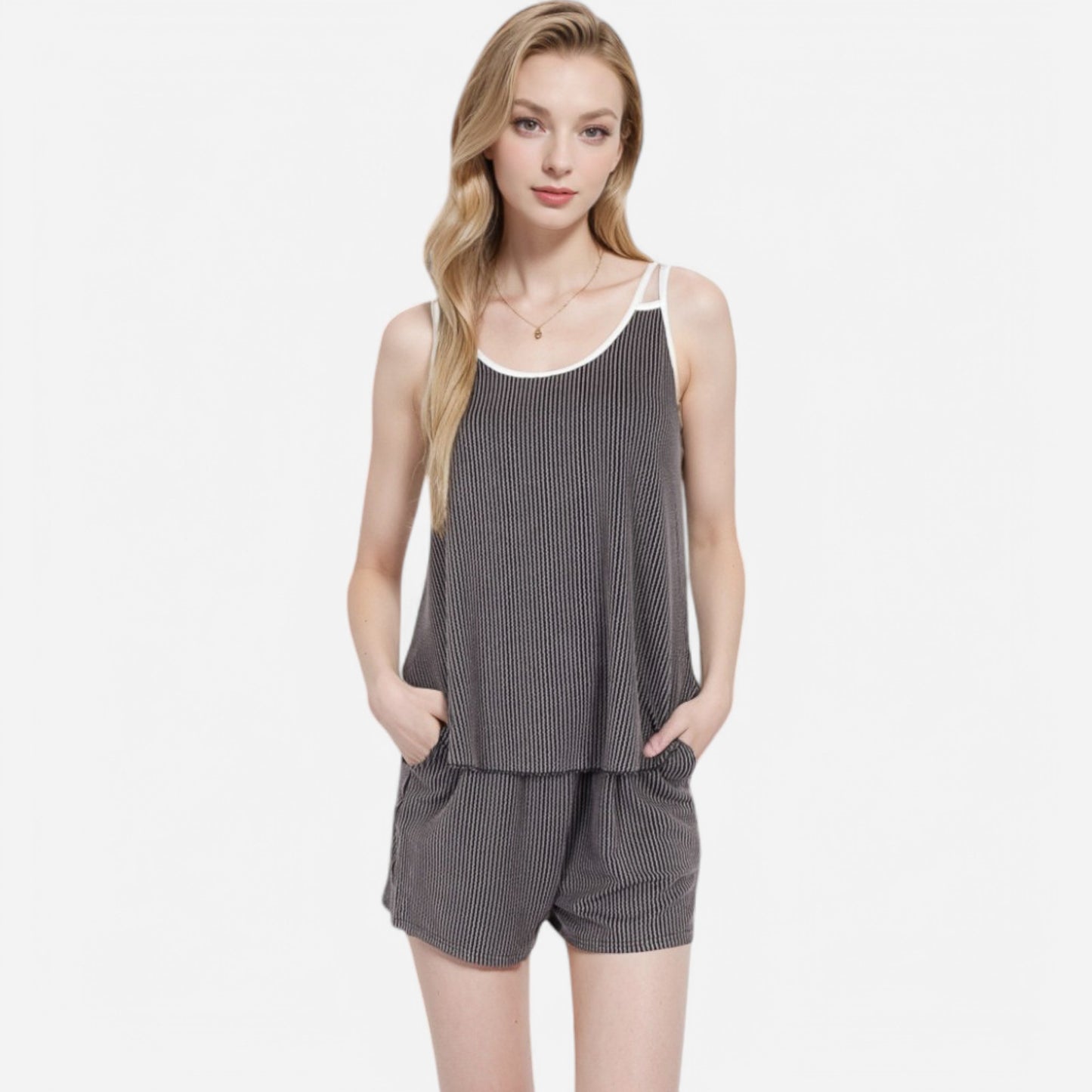 Women's Ribbed Lounge Set with Contrast Trim Sleeveless Top and Elastic Waist Shorts