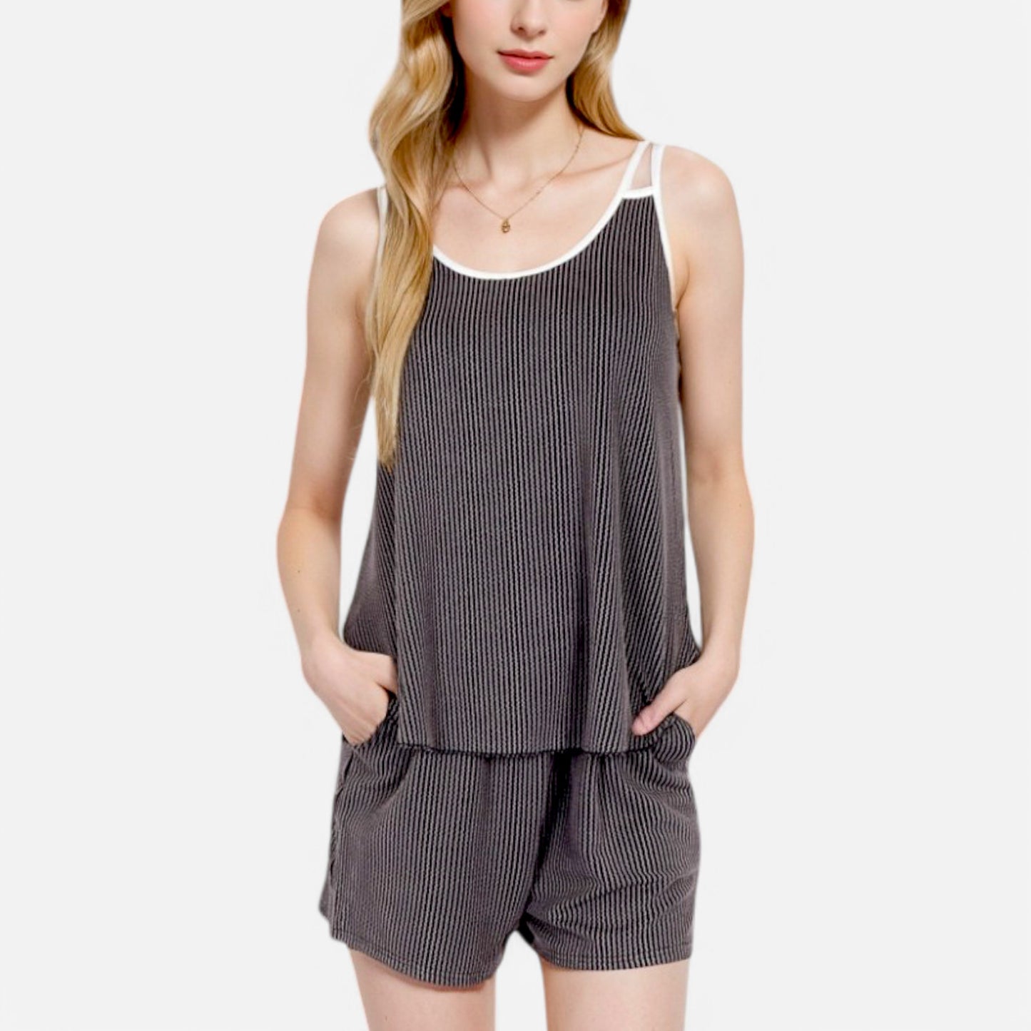 Women's Ribbed Lounge Set with Contrast Trim Sleeveless Top and Elastic Waist Shorts