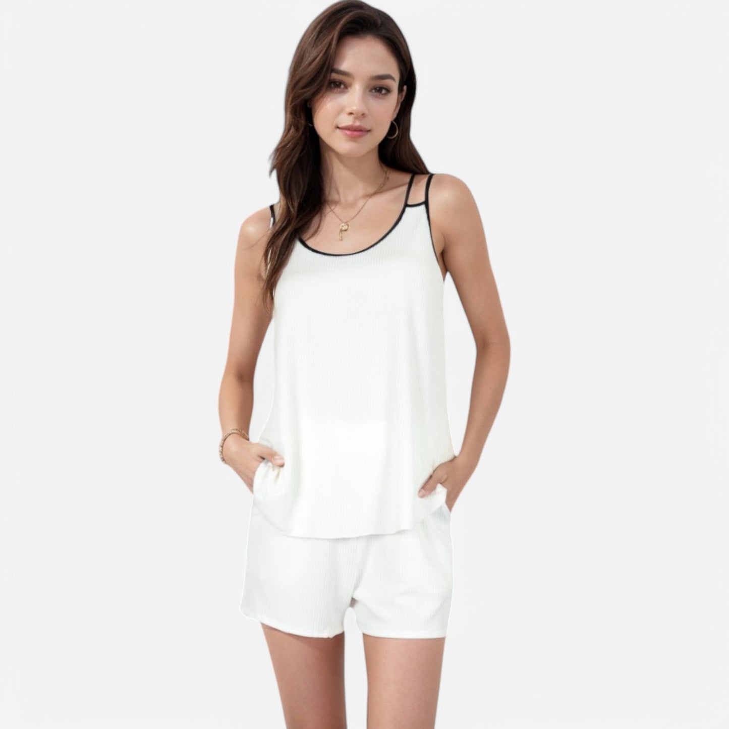 Women's Ribbed Lounge Set with Contrast Trim Sleeveless Top and Elastic Waist Shorts