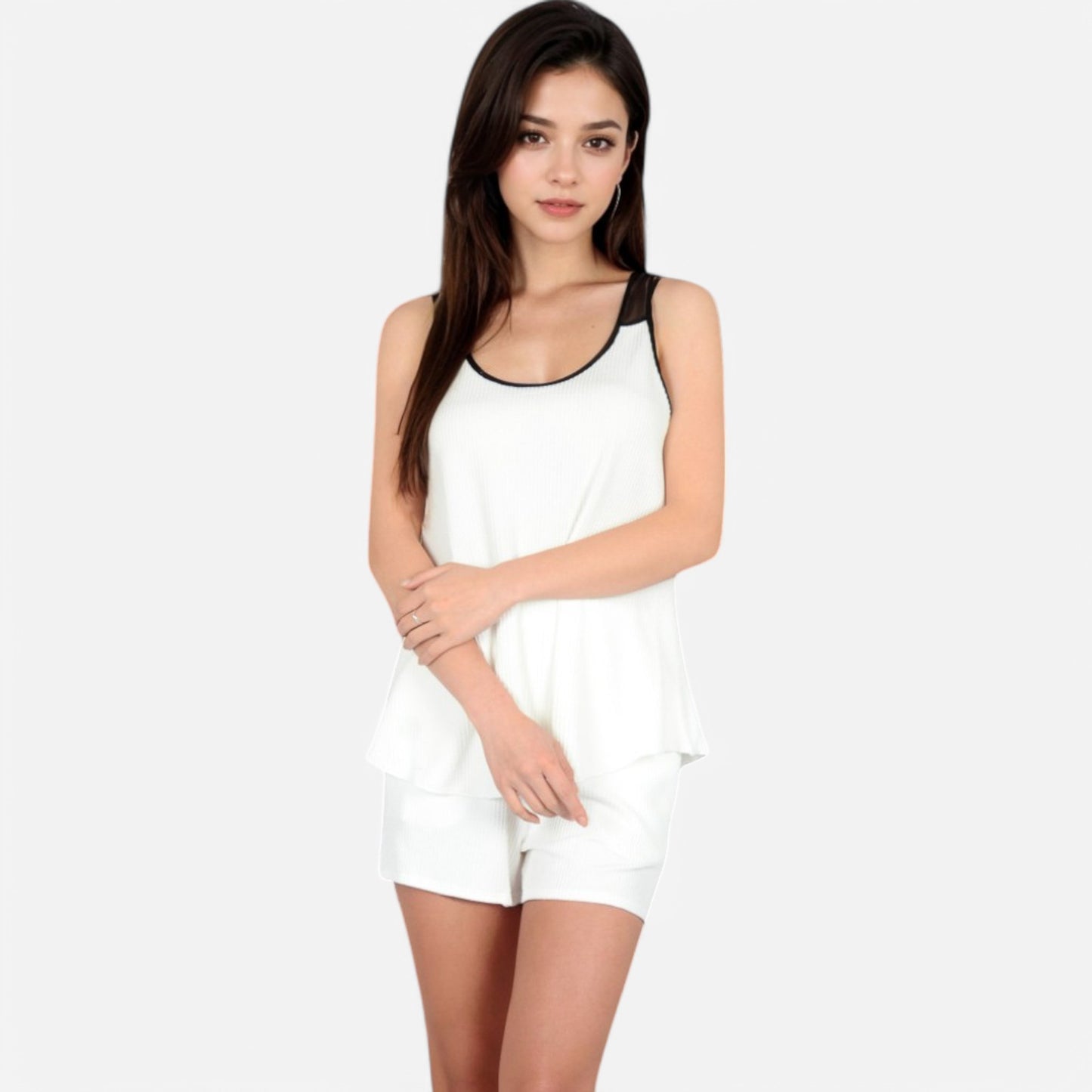 Women's Ribbed Lounge Set with Contrast Trim Sleeveless Top and Elastic Waist Shorts