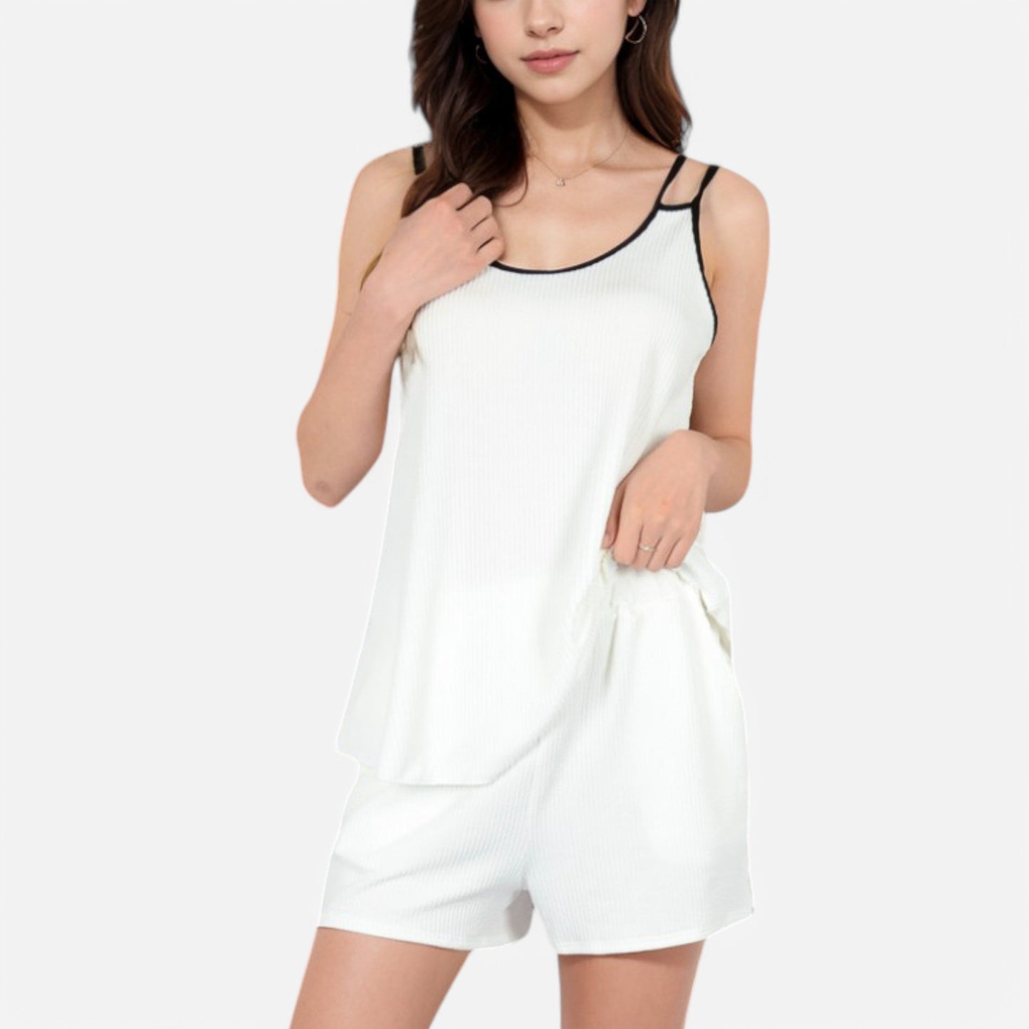 Women's Ribbed Lounge Set with Contrast Trim Sleeveless Top and Elastic Waist Shorts