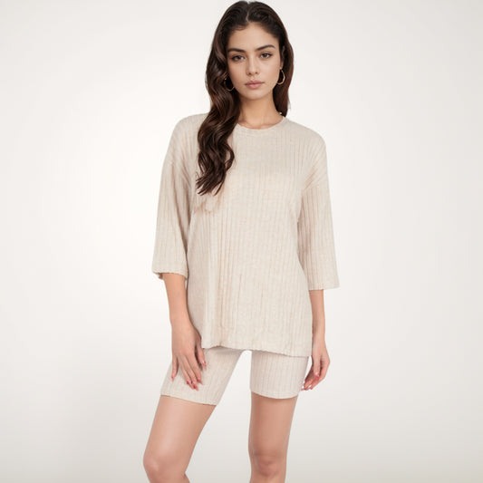 Ribbed Knit Lounge Set with 3/4 Sleeve Top and Fitted Shorts