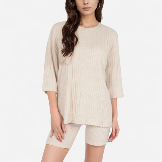 Ribbed Knit Lounge Set with 3/4 Sleeve Top and Fitted Shorts