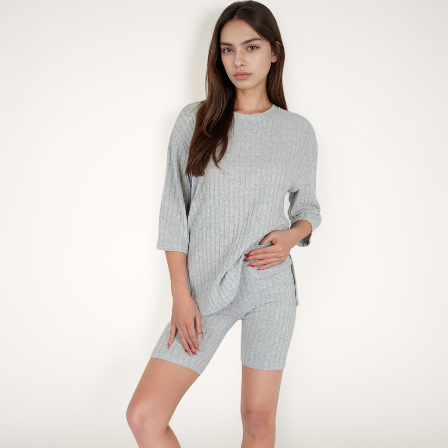 Ribbed Knit Lounge Set with 3/4 Sleeve Top and Fitted Shorts