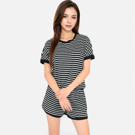 Lounge Women's Striped Lounge Set with Cuffed Short Sleeve Top and Elastic Waist Shorts