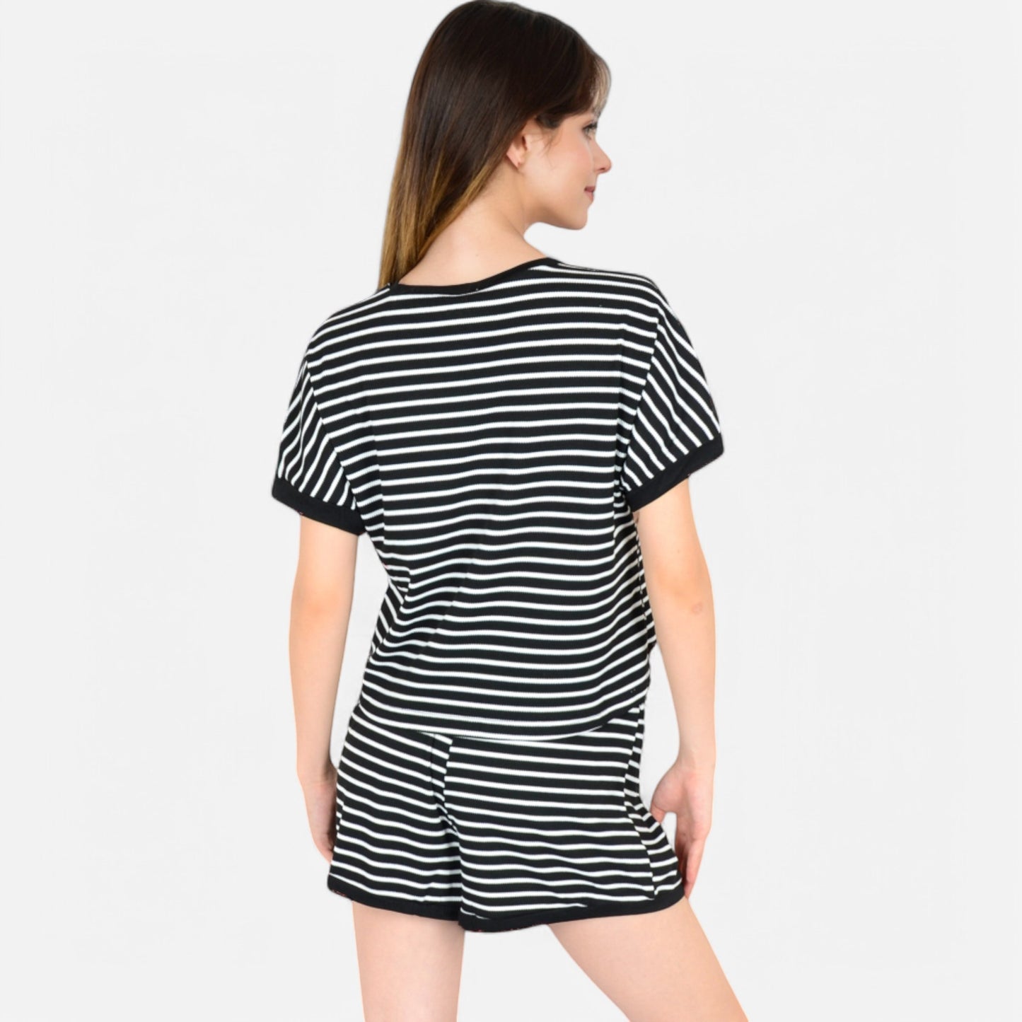 Lounge Women's Striped Lounge Set with Cuffed Short Sleeve Top and Elastic Waist Shorts