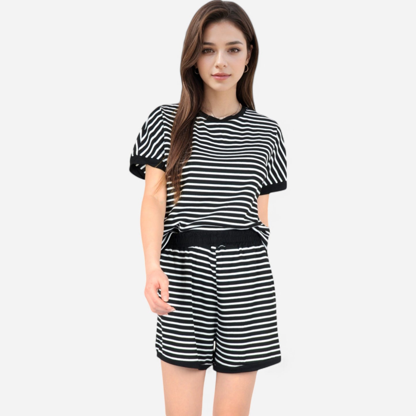 Lounge Women's Striped Lounge Set with Cuffed Short Sleeve Top and Elastic Waist Shorts