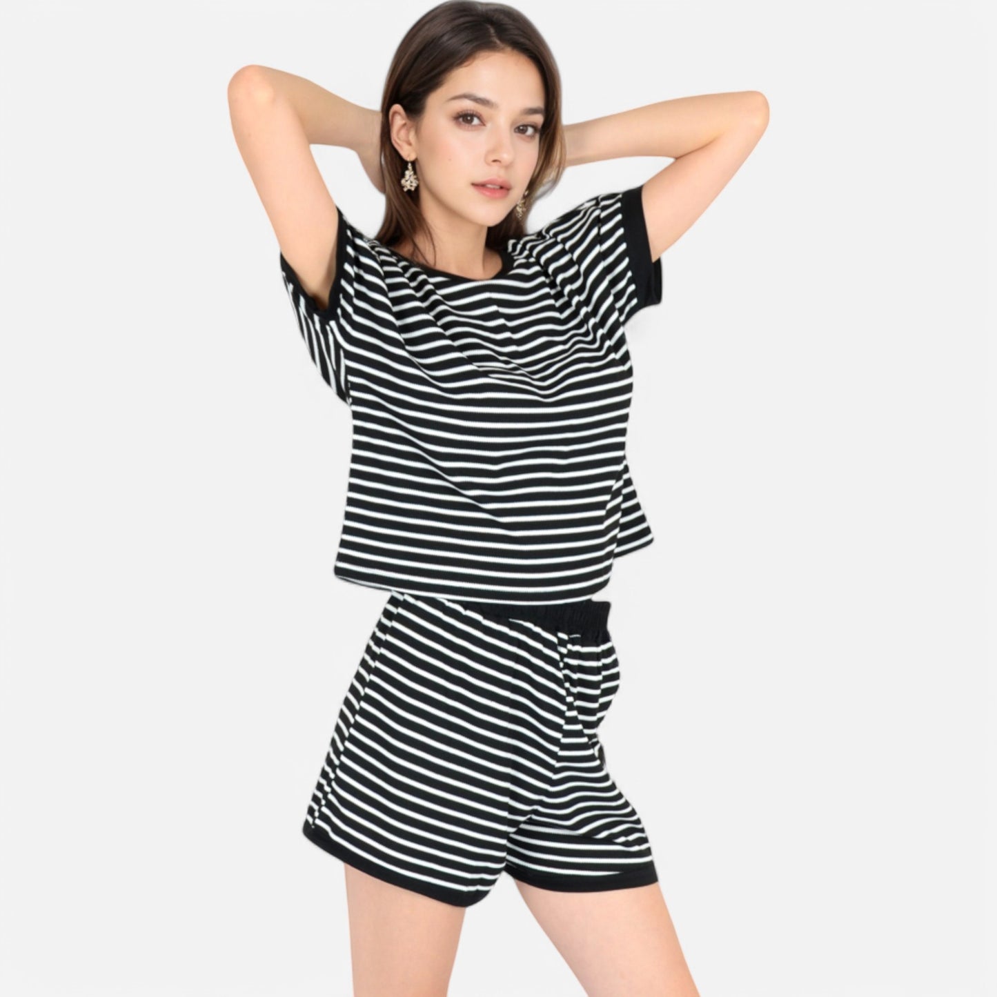 Lounge Women's Striped Lounge Set with Cuffed Short Sleeve Top and Elastic Waist Shorts
