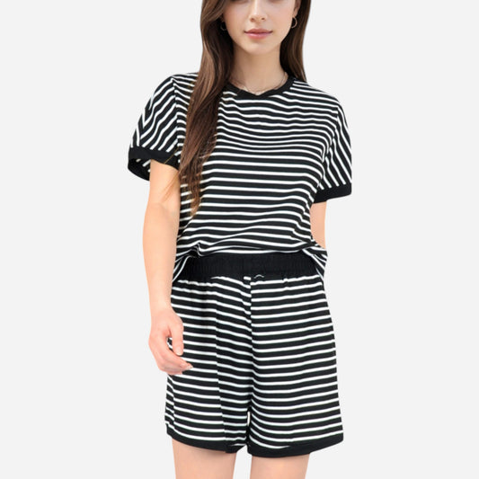 Lounge Women's Striped Lounge Set with Cuffed Short Sleeve Top and Elastic Waist Shorts