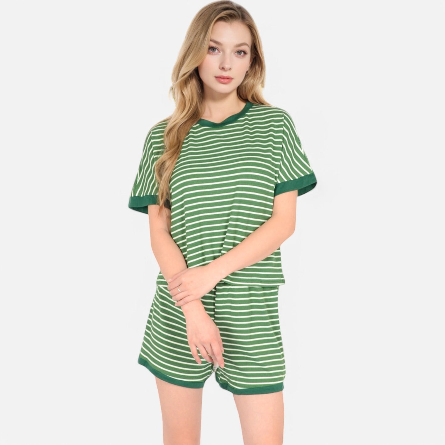 Lounge Women's Striped Lounge Set with Cuffed Short Sleeve Top and Elastic Waist Shorts