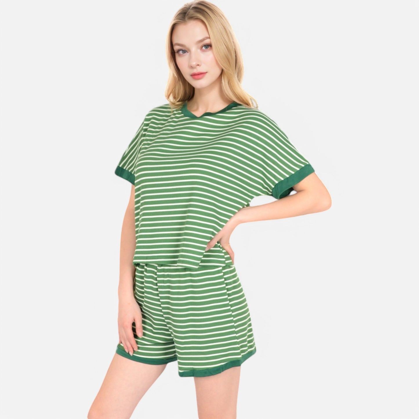 Lounge Women's Striped Lounge Set with Cuffed Short Sleeve Top and Elastic Waist Shorts
