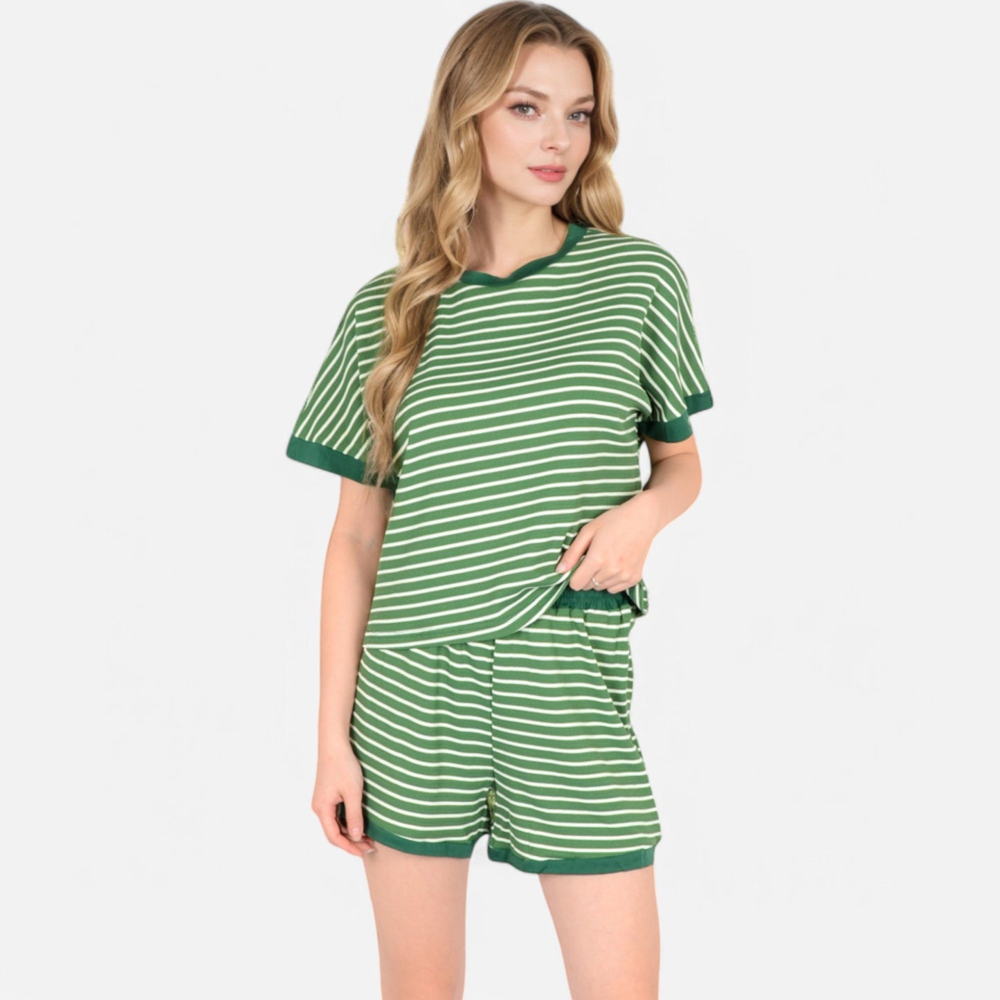 Lounge Women's Striped Lounge Set with Cuffed Short Sleeve Top and Elastic Waist Shorts
