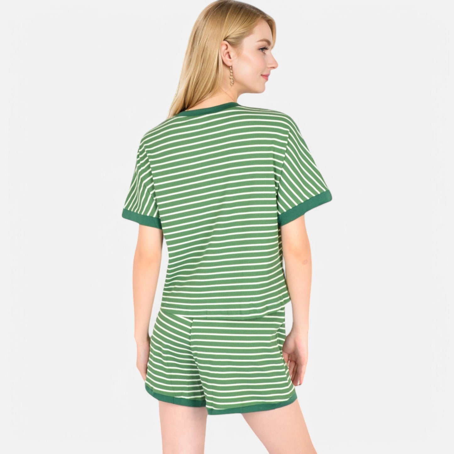 Lounge Women's Striped Lounge Set with Cuffed Short Sleeve Top and Elastic Waist Shorts