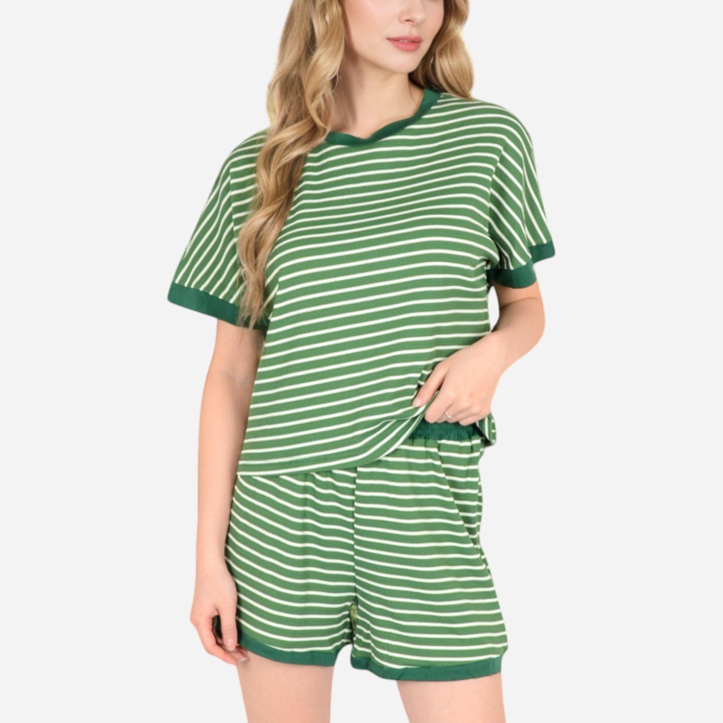 Lounge Women's Striped Lounge Set with Cuffed Short Sleeve Top and Elastic Waist Shorts