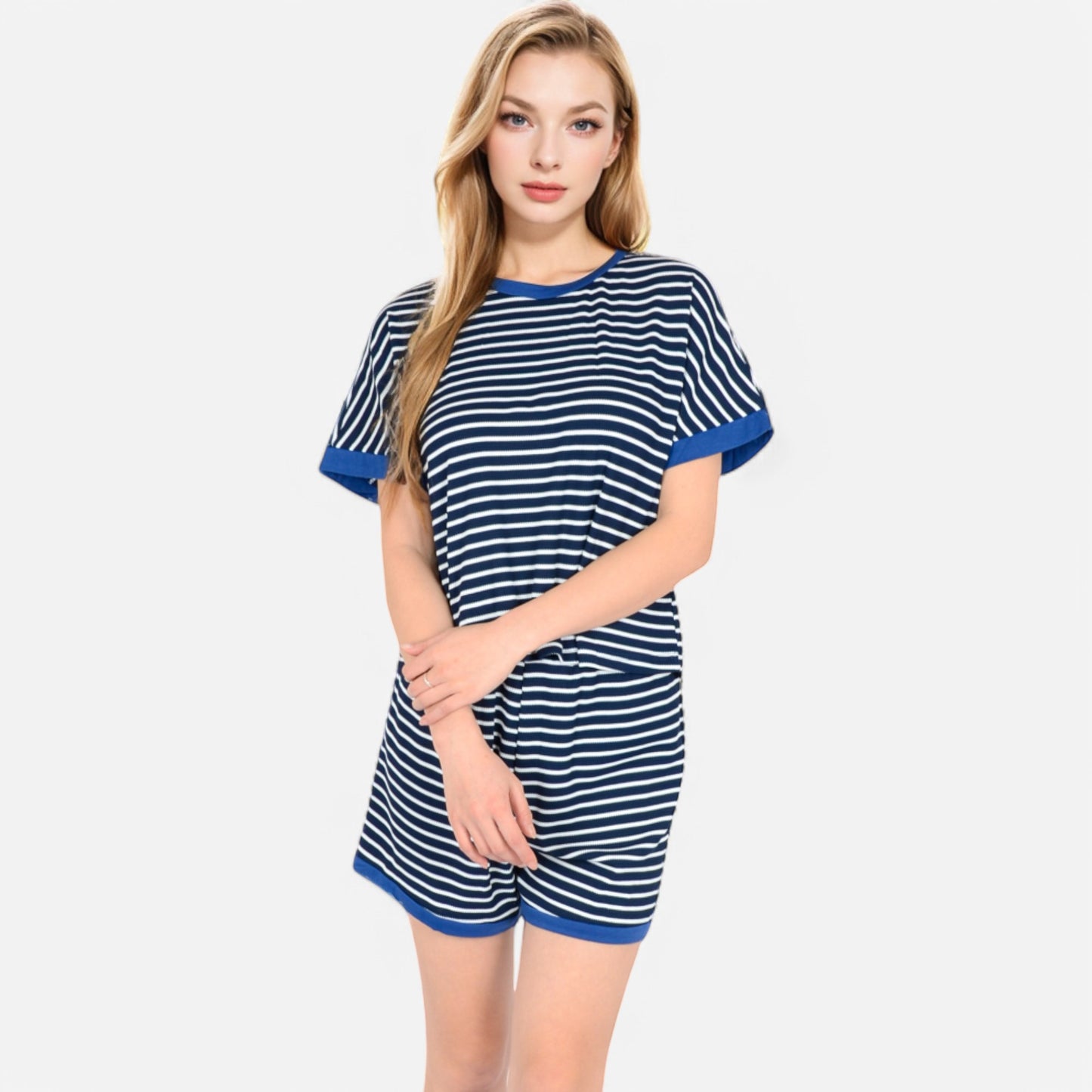 Lounge Women's Striped Lounge Set with Cuffed Short Sleeve Top and Elastic Waist Shorts