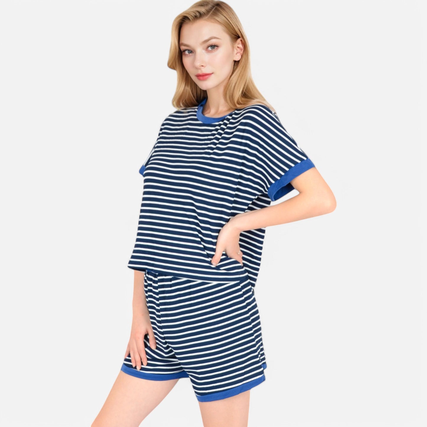 Lounge Women's Striped Lounge Set with Cuffed Short Sleeve Top and Elastic Waist Shorts