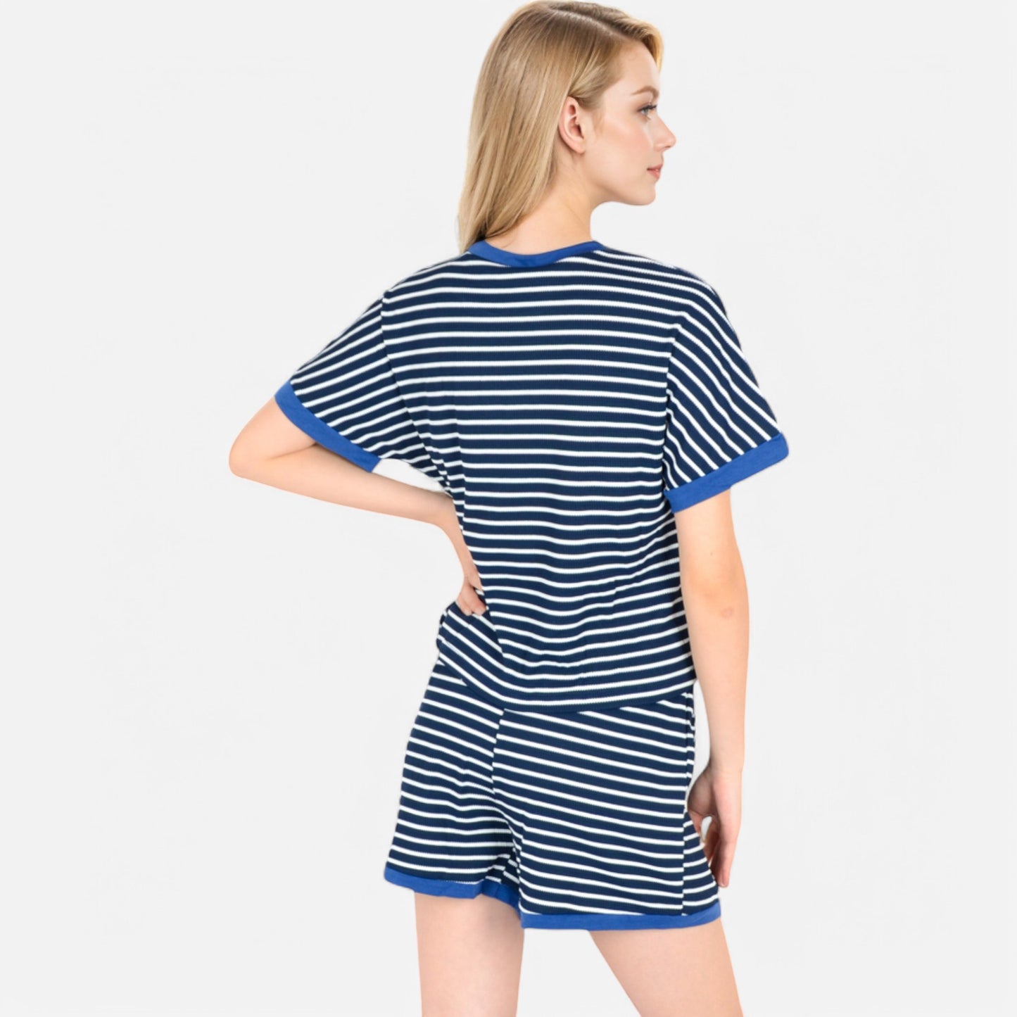 Lounge Women's Striped Lounge Set with Cuffed Short Sleeve Top and Elastic Waist Shorts