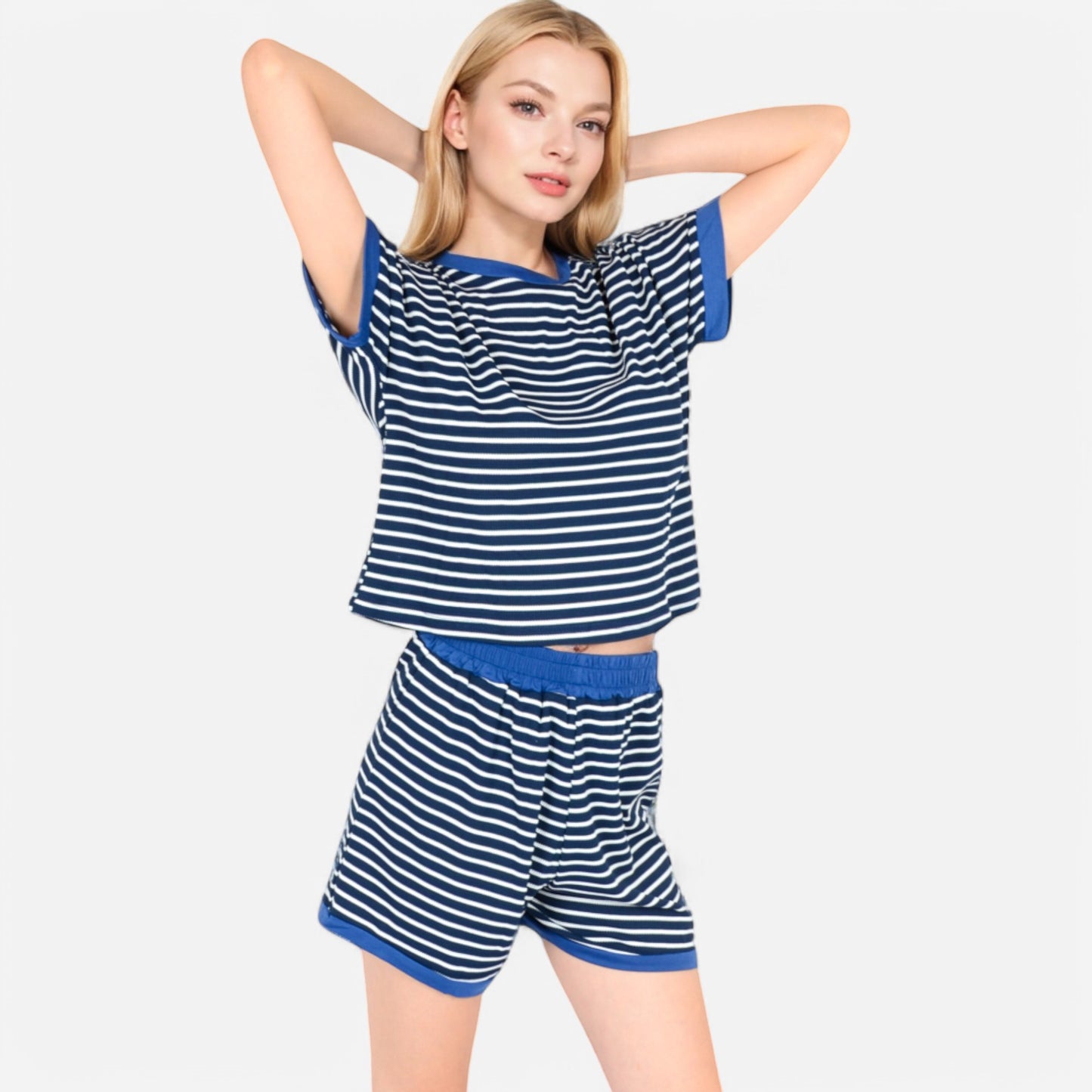 Lounge Women's Striped Lounge Set with Cuffed Short Sleeve Top and Elastic Waist Shorts