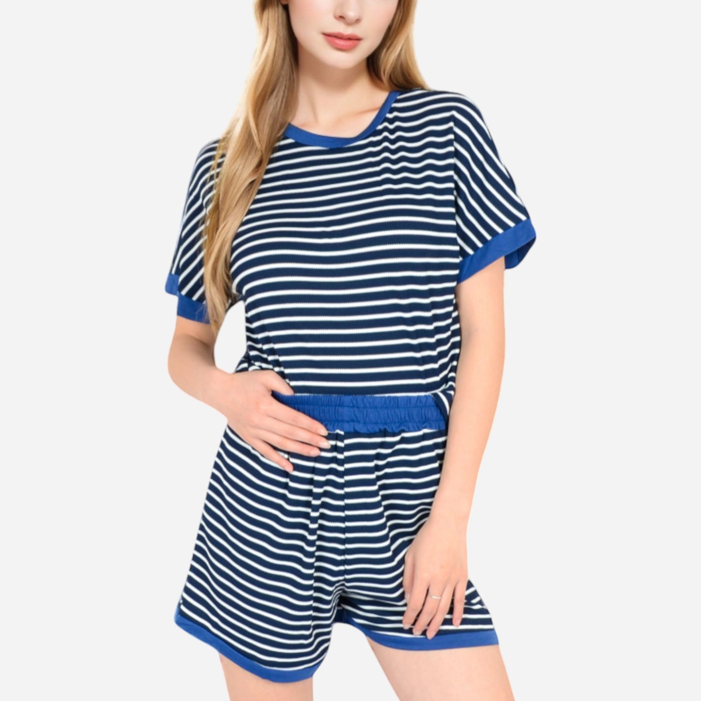 Lounge Women's Striped Lounge Set with Cuffed Short Sleeve Top and Elastic Waist Shorts