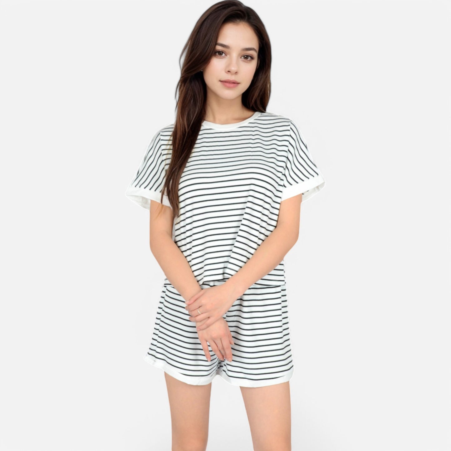 Lounge Women's Striped Lounge Set with Cuffed Short Sleeve Top and Elastic Waist Shorts