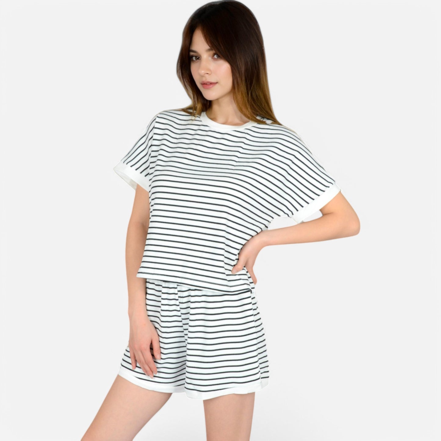 Lounge Women's Striped Lounge Set with Cuffed Short Sleeve Top and Elastic Waist Shorts