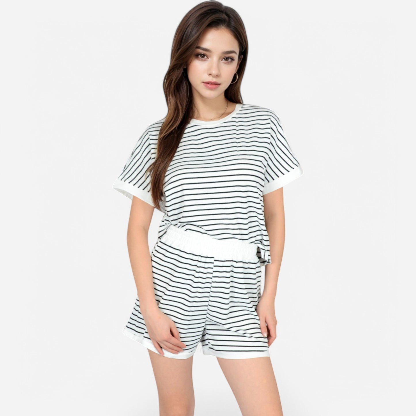 Lounge Women's Striped Lounge Set with Cuffed Short Sleeve Top and Elastic Waist Shorts