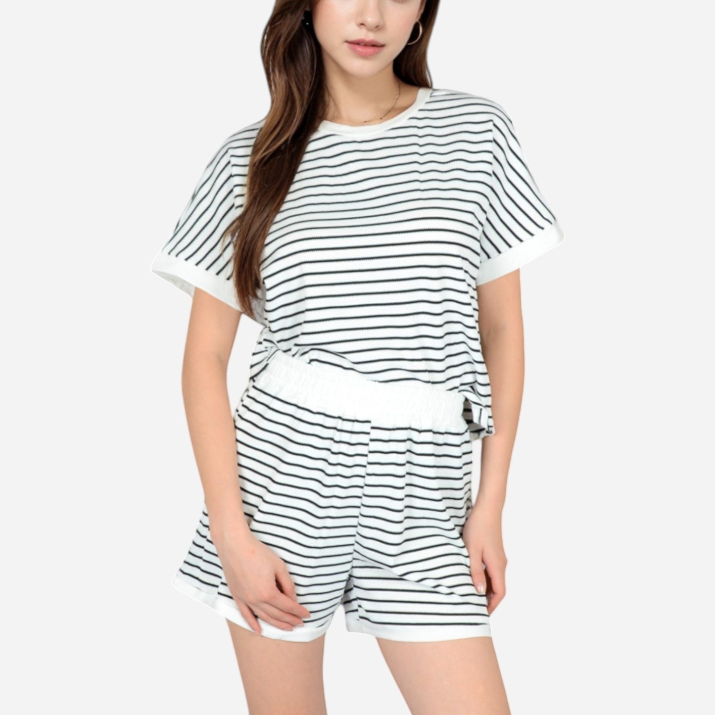 Lounge Women's Striped Lounge Set with Cuffed Short Sleeve Top and Elastic Waist Shorts