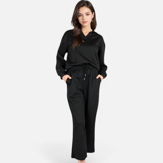 Women's Long Sleeve Pullover and Wide Leg Pants Lounge Set