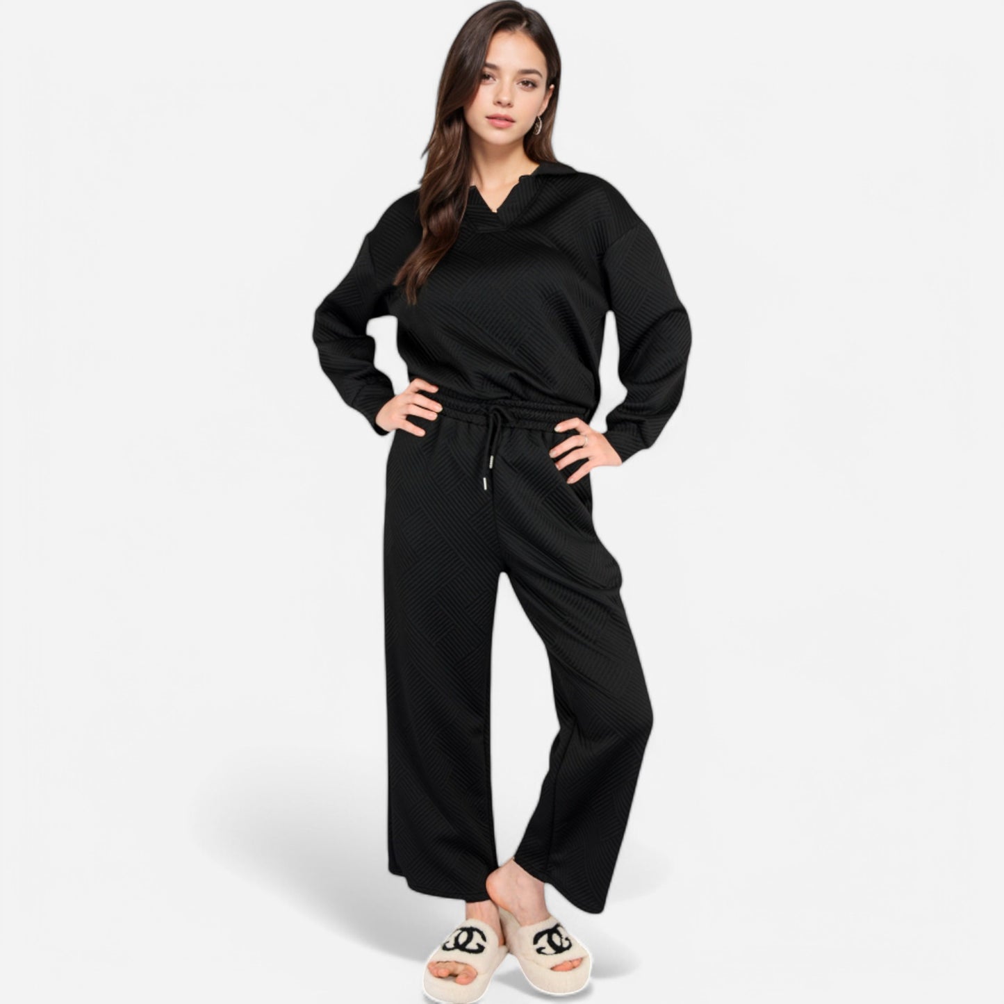 Women's Long Sleeve Pullover and Wide Leg Pants Lounge Set