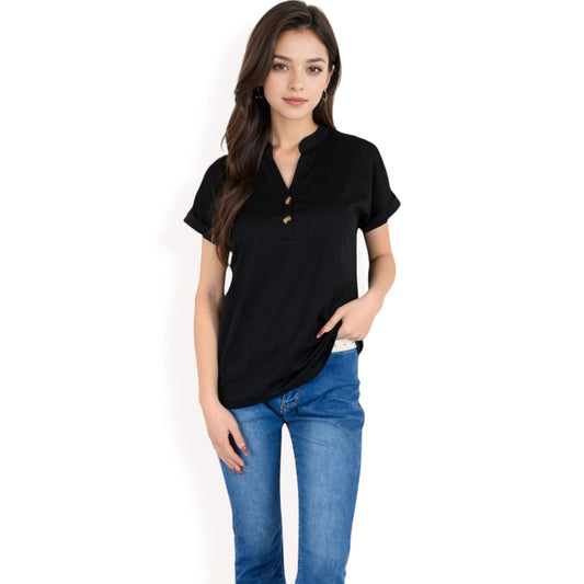 Short Sleeve Button Front V-Neck Shirt