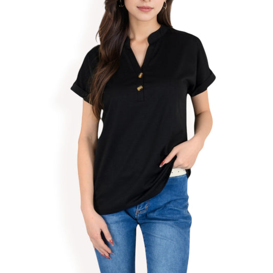 Short Sleeve Button Front V-Neck Shirt