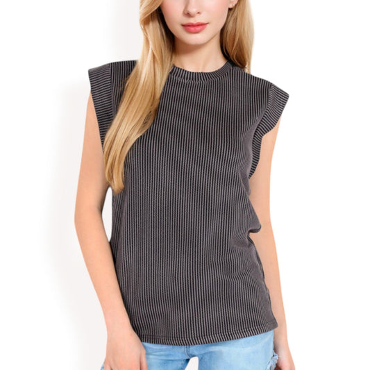 Ribbed Knit Sleeveless Top with Shoulder Detail