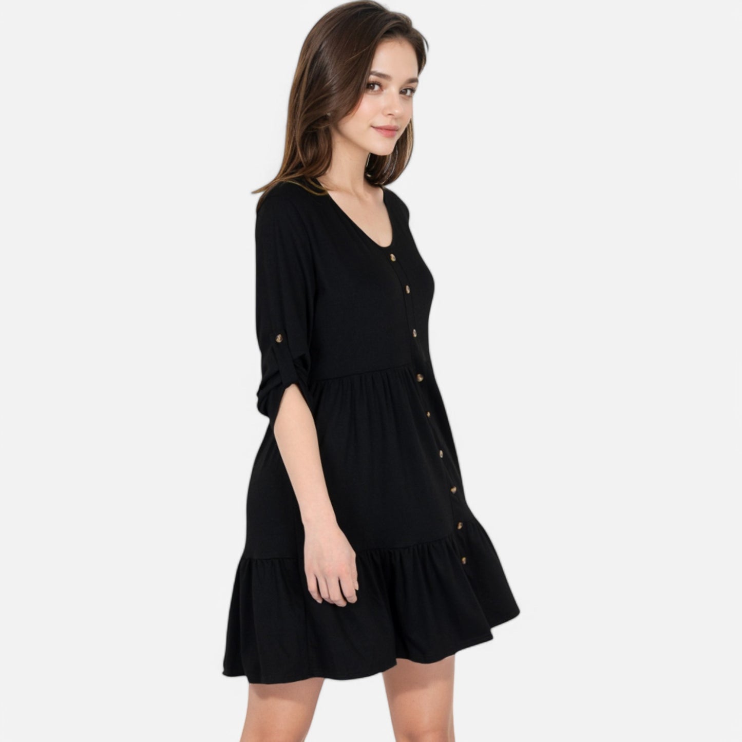 Women's V-Neck Button-Front Babydoll Dress with 3/4 Sleeves and Tiered Ruffle Hem
