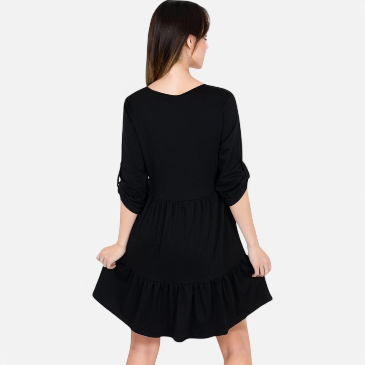 Women's V-Neck Button-Front Babydoll Dress with 3/4 Sleeves and Tiered Ruffle Hem