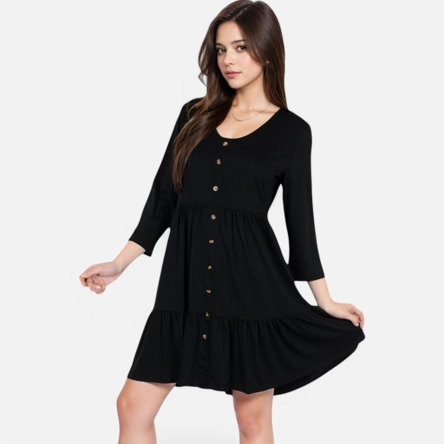 Women's V-Neck Button-Front Babydoll Dress with 3/4 Sleeves and Tiered Ruffle Hem