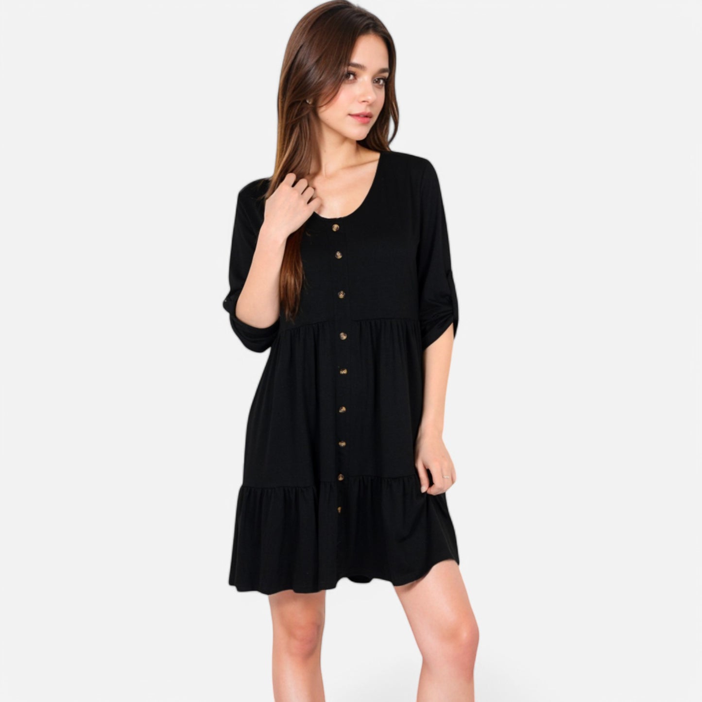 Women's V-Neck Button-Front Babydoll Dress with 3/4 Sleeves and Tiered Ruffle Hem