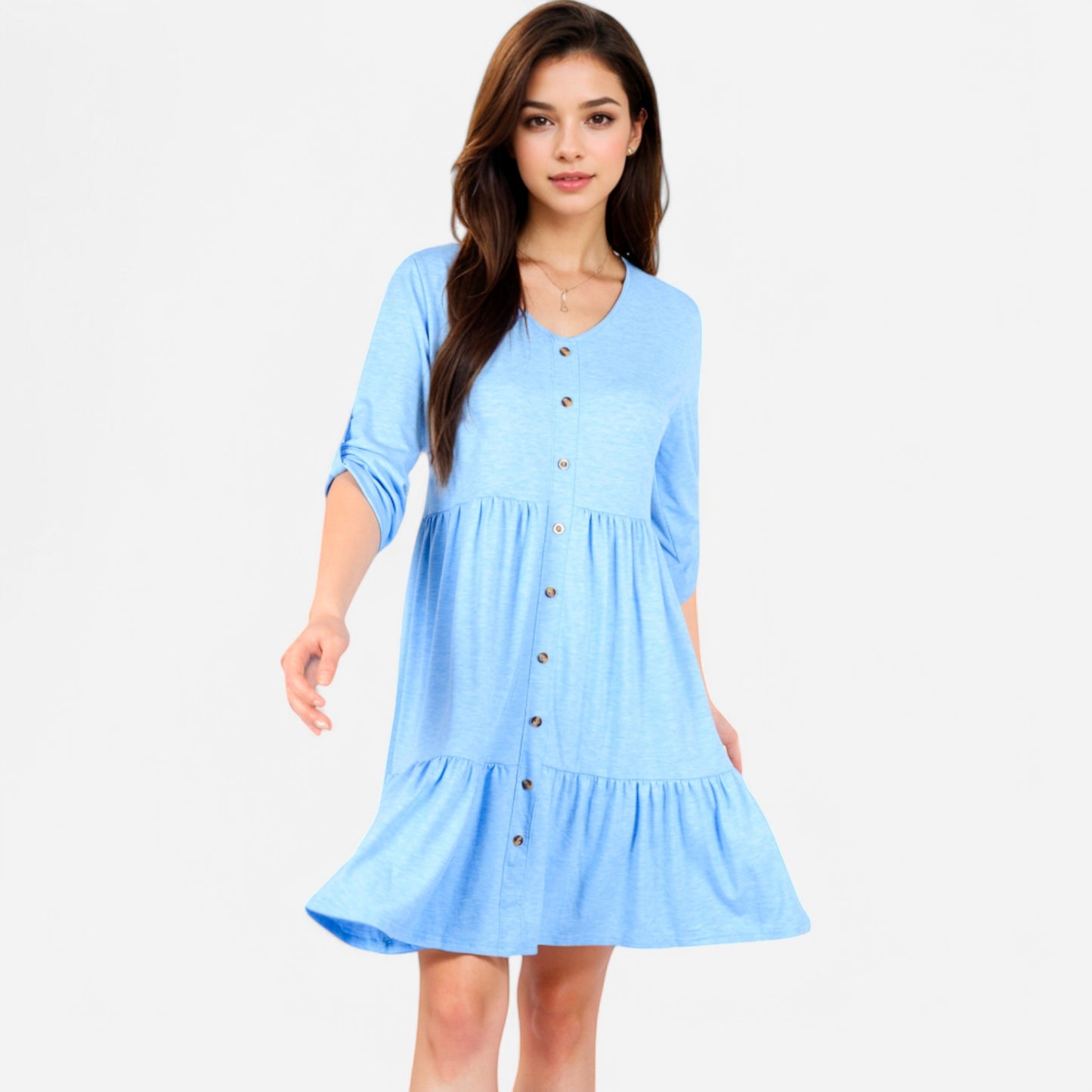 Women's V-Neck Button-Front Babydoll Dress with 3/4 Sleeves and Tiered Ruffle Hem