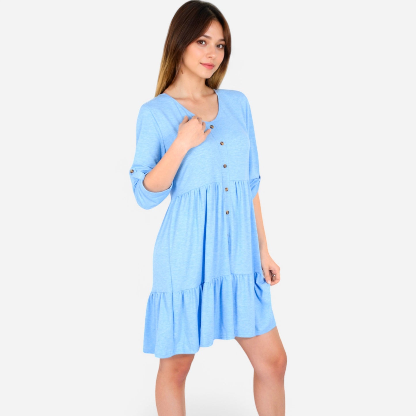 Women's V-Neck Button-Front Babydoll Dress with 3/4 Sleeves and Tiered Ruffle Hem