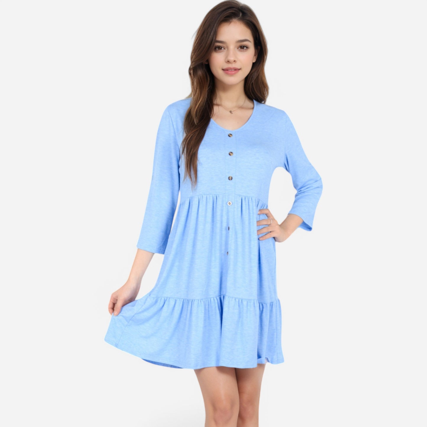 Women's V-Neck Button-Front Babydoll Dress with 3/4 Sleeves and Tiered Ruffle Hem
