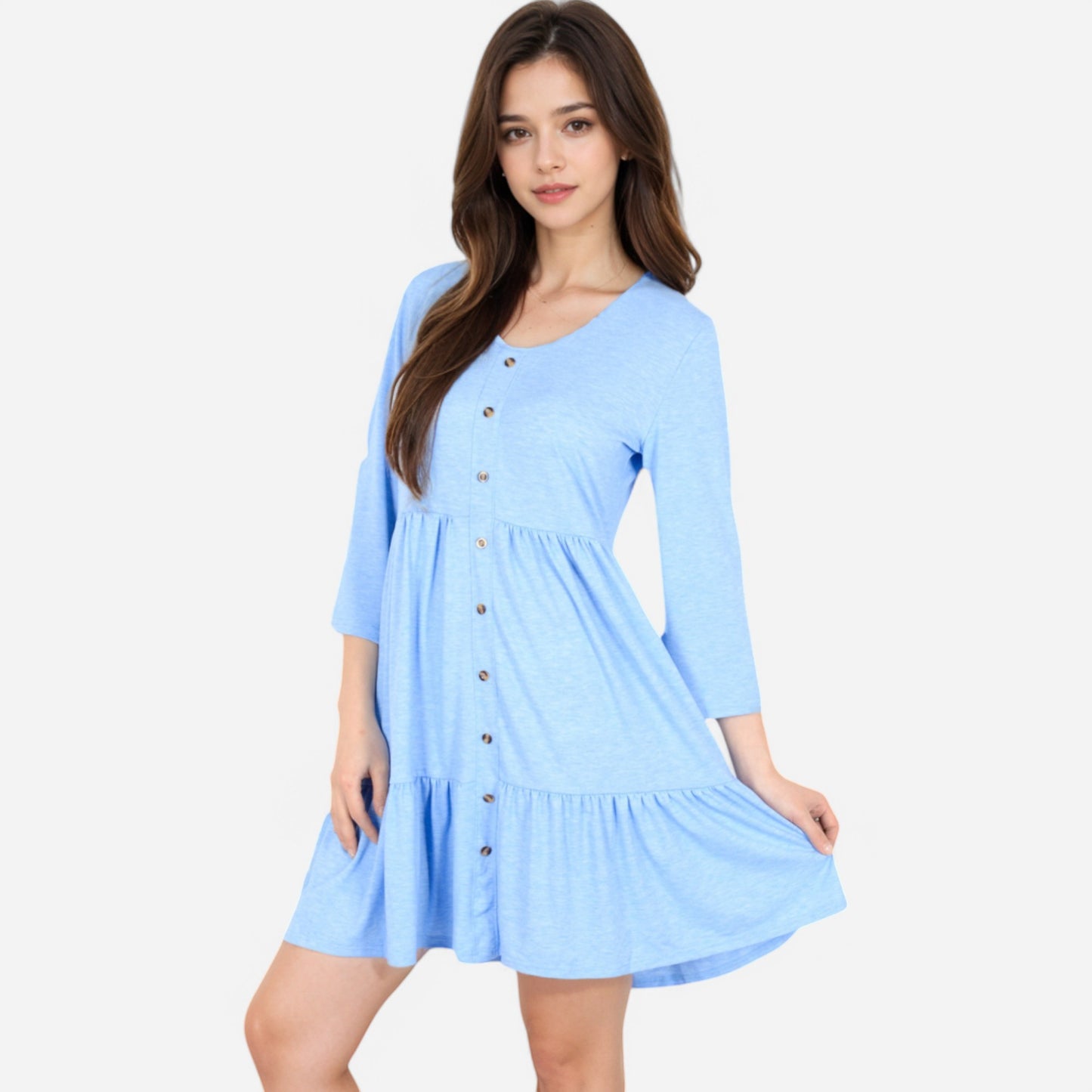Women's V-Neck Button-Front Babydoll Dress with 3/4 Sleeves and Tiered Ruffle Hem