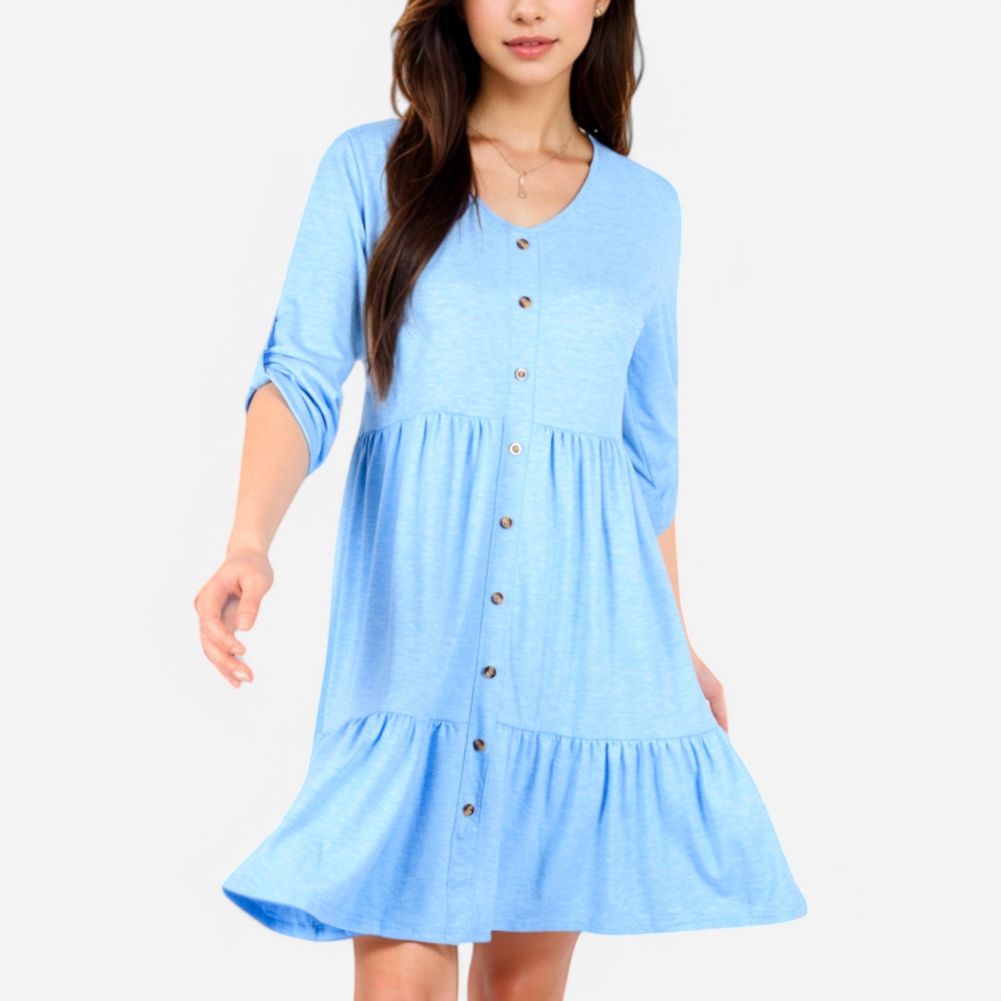 Women's V-Neck Button-Front Babydoll Dress with 3/4 Sleeves and Tiered Ruffle Hem