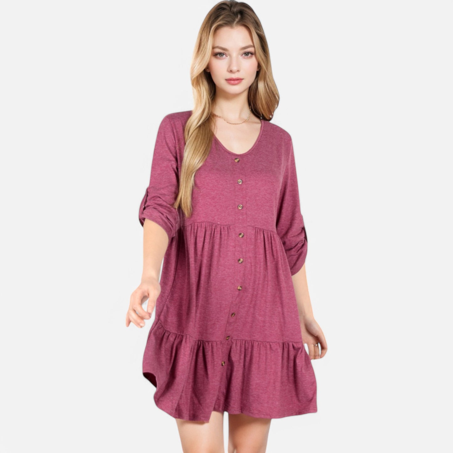 Women's V-Neck Button-Front Babydoll Dress with 3/4 Sleeves and Tiered Ruffle Hem