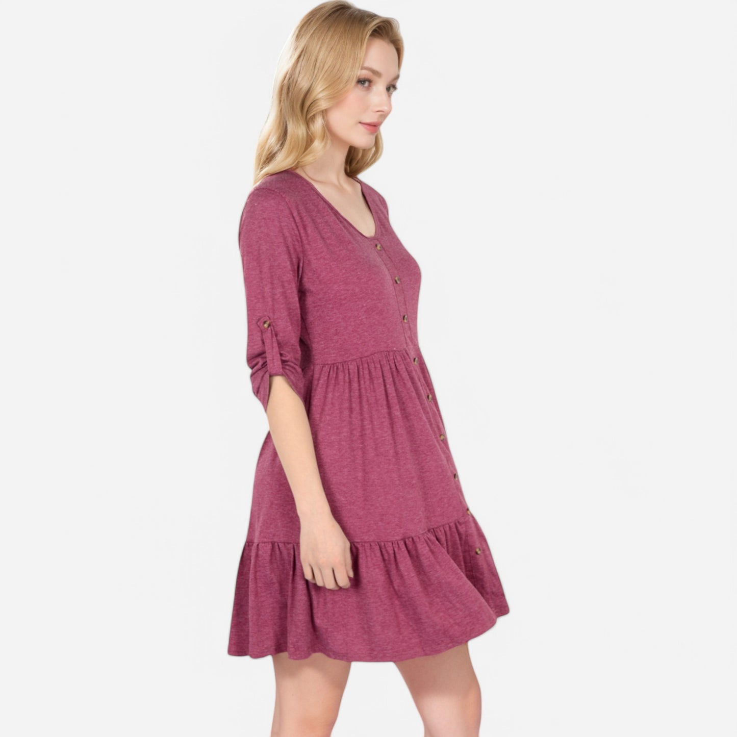 Women's V-Neck Button-Front Babydoll Dress with 3/4 Sleeves and Tiered Ruffle Hem