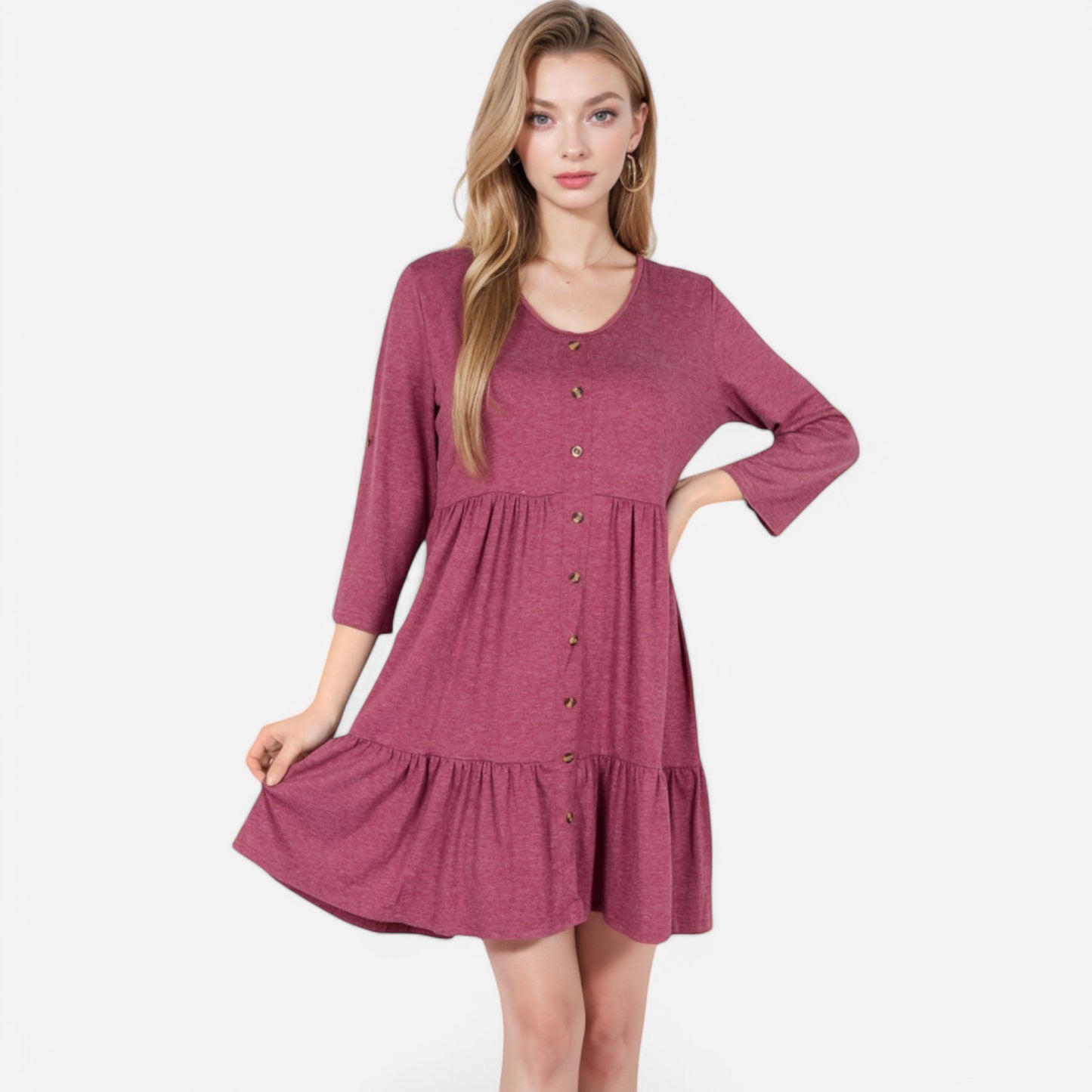 Women's V-Neck Button-Front Babydoll Dress with 3/4 Sleeves and Tiered Ruffle Hem