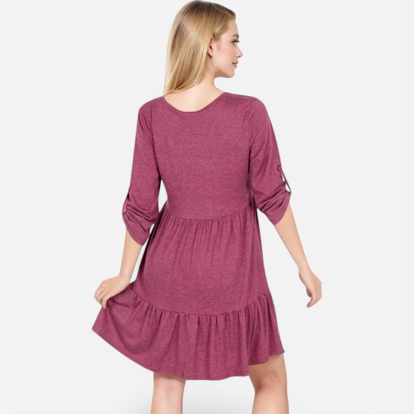 Women's V-Neck Button-Front Babydoll Dress with 3/4 Sleeves and Tiered Ruffle Hem