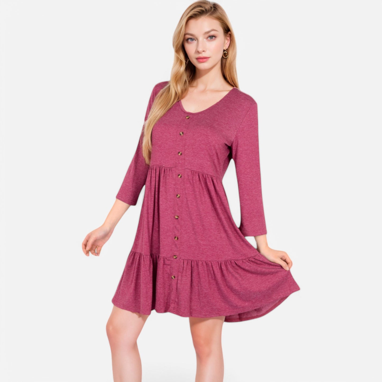 Women's V-Neck Button-Front Babydoll Dress with 3/4 Sleeves and Tiered Ruffle Hem