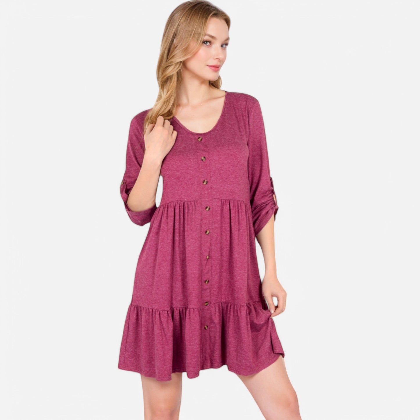 Women's V-Neck Button-Front Babydoll Dress with 3/4 Sleeves and Tiered Ruffle Hem